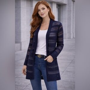 By Design NWT Small Dark Blue Open-Front Lace Cardigan